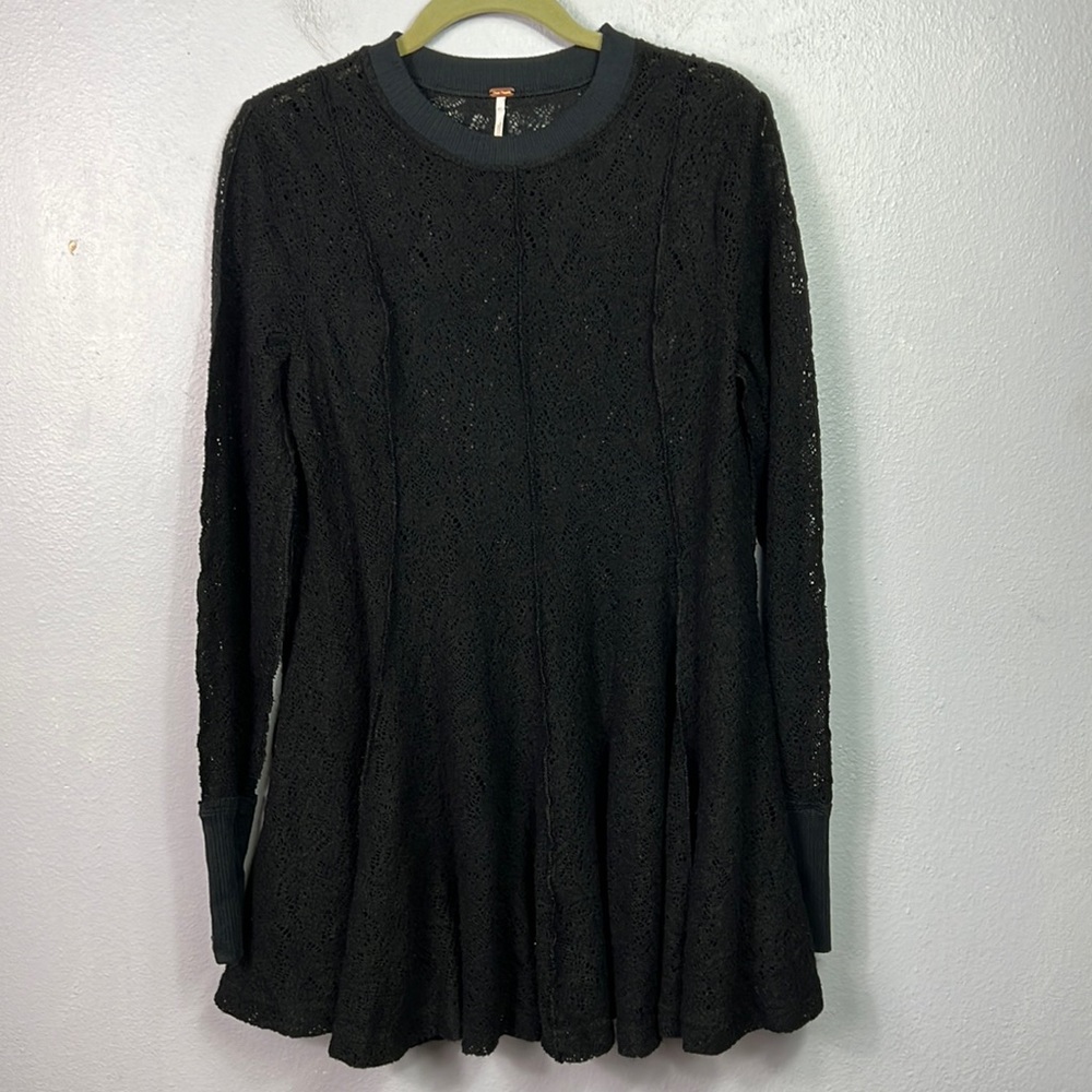 Free People Coffee in the Morning Black Long Sleeve Sheer Lace Tunic Top Small